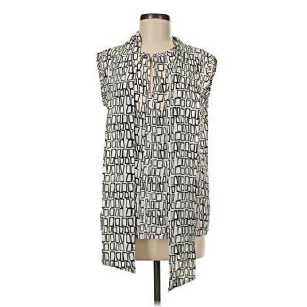 Max Mara Silk Tie-Neck Blouse Sleeveless Bow Black White Geometric Print